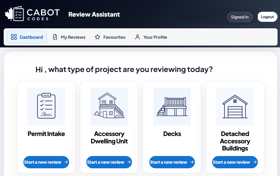 The CABOT Review Assistant dashboard, showing the four project types a
                  reviewer can start from: Permit Intake, Accessory Dwelling Unit, Decks,
                  and Detached Accessory Buildings.